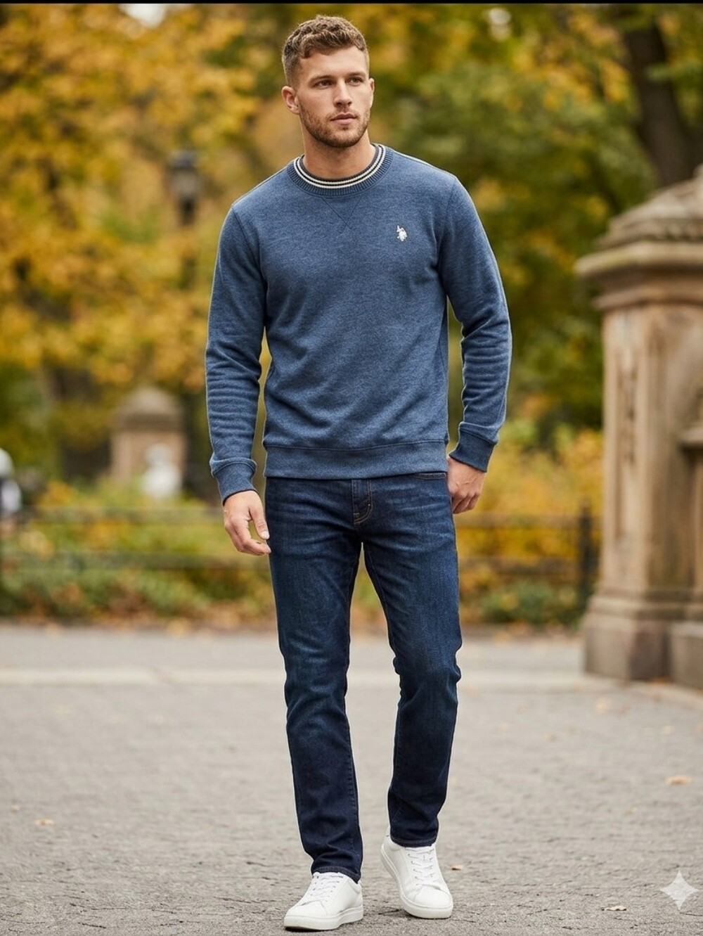 U.S. Polo Assn. Navy Crewneck Sweater with Contrast Polo Emblem, Size XL